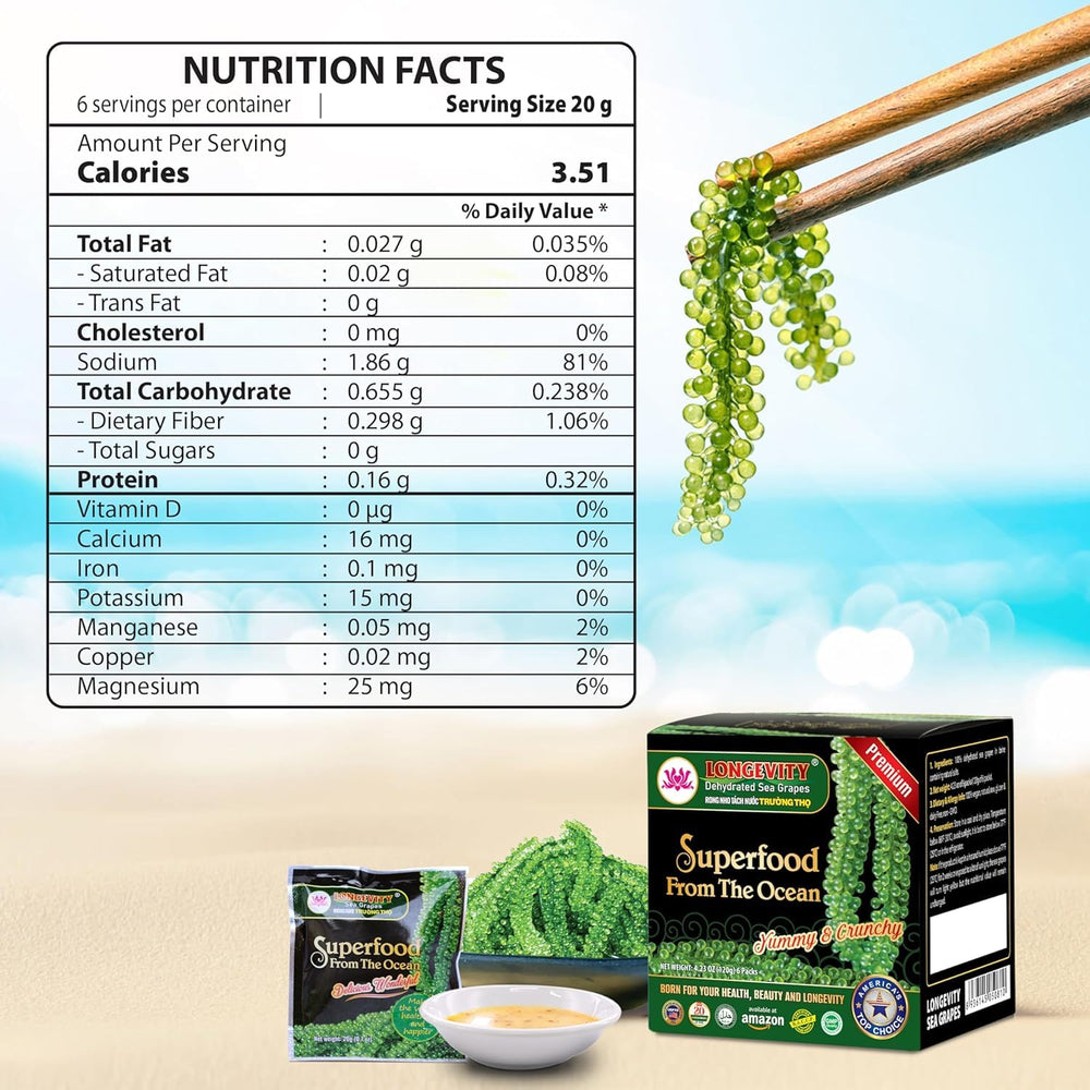 LONGEVITY SEA GRAPES label close-up showing organic certification details