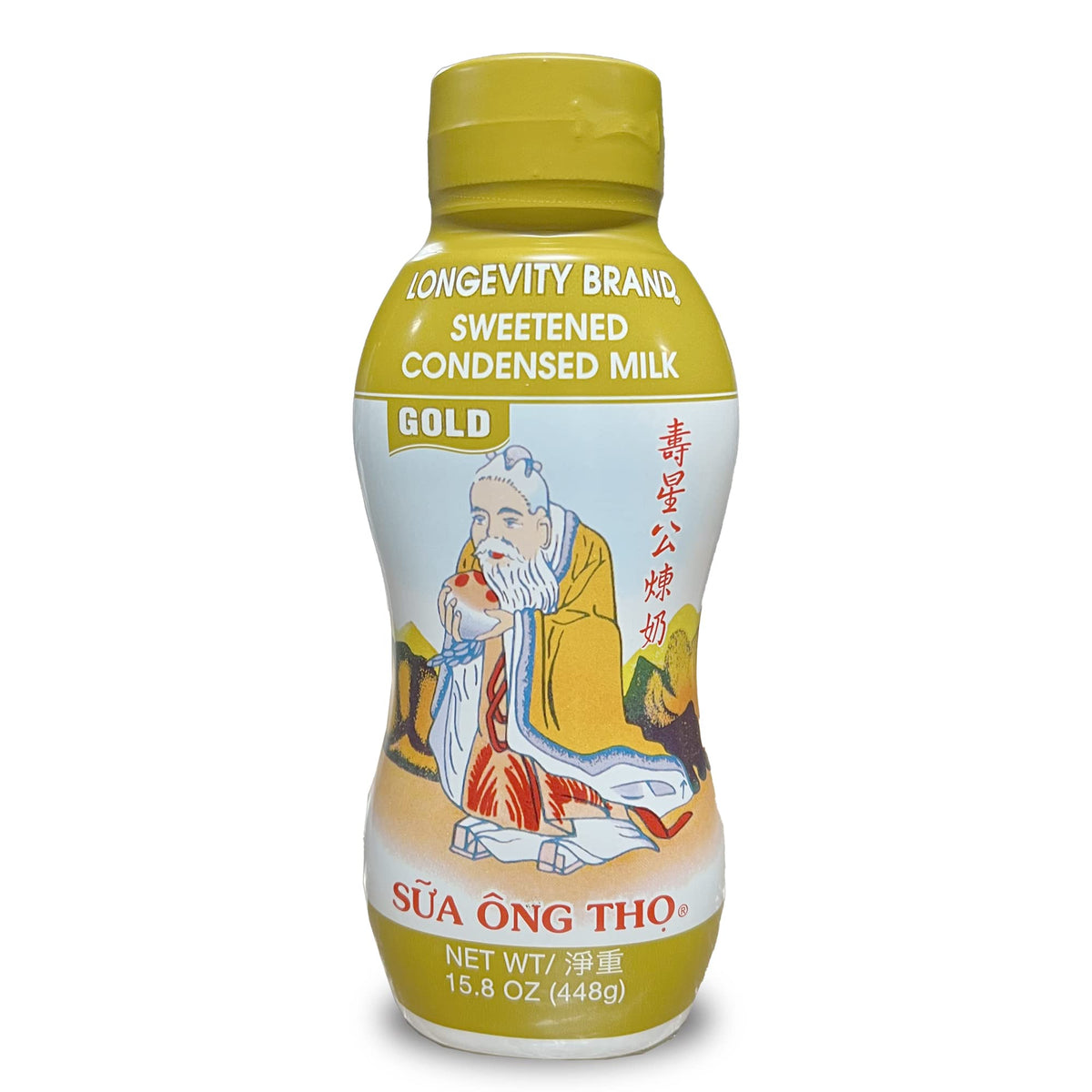 Longevity squeeze bottle front packaging showing label and size, easy pouring benefit