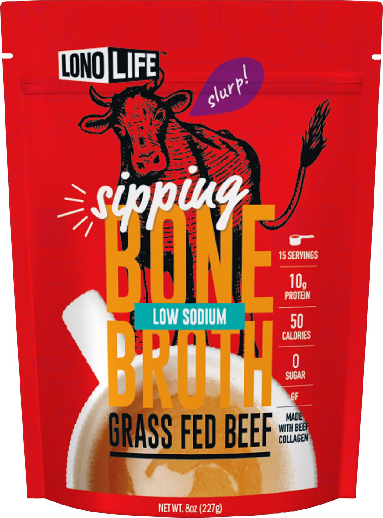 LonoLife front package display showing low sodium beef broth benefit