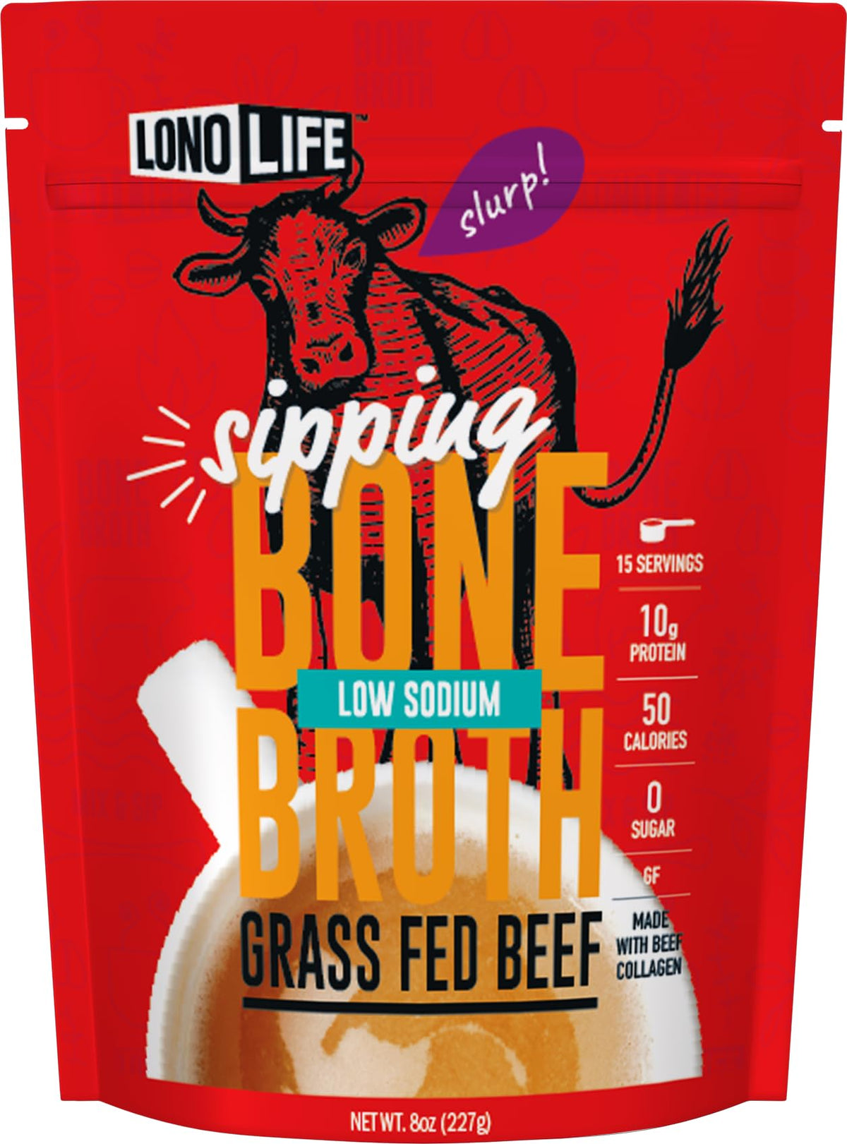 LonoLife front package display showing low sodium beef broth benefit
