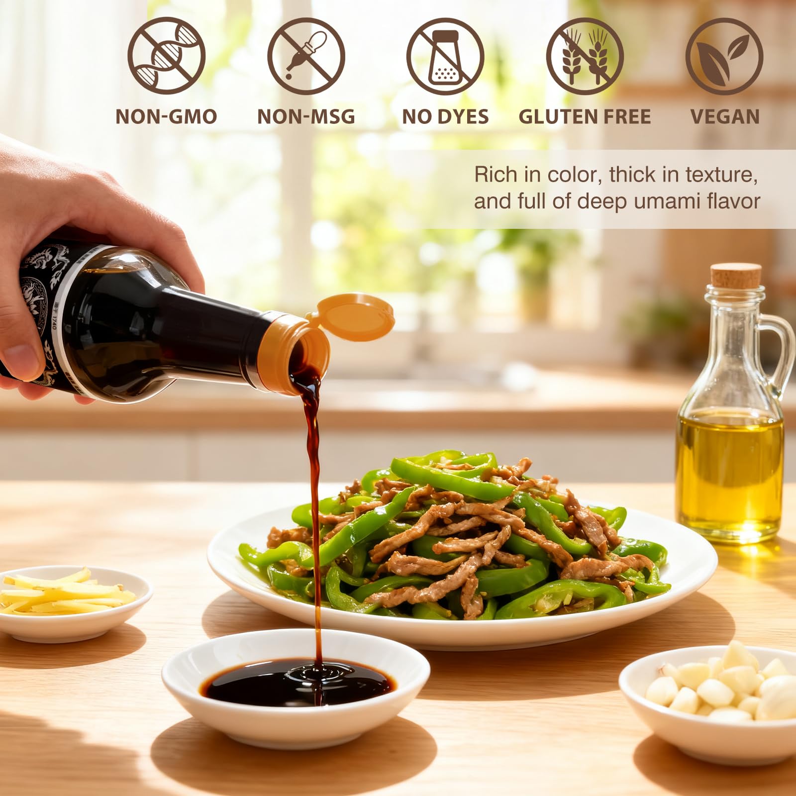 lonppeis bottle beside stir-fry demonstrating enhanced flavor and appearance