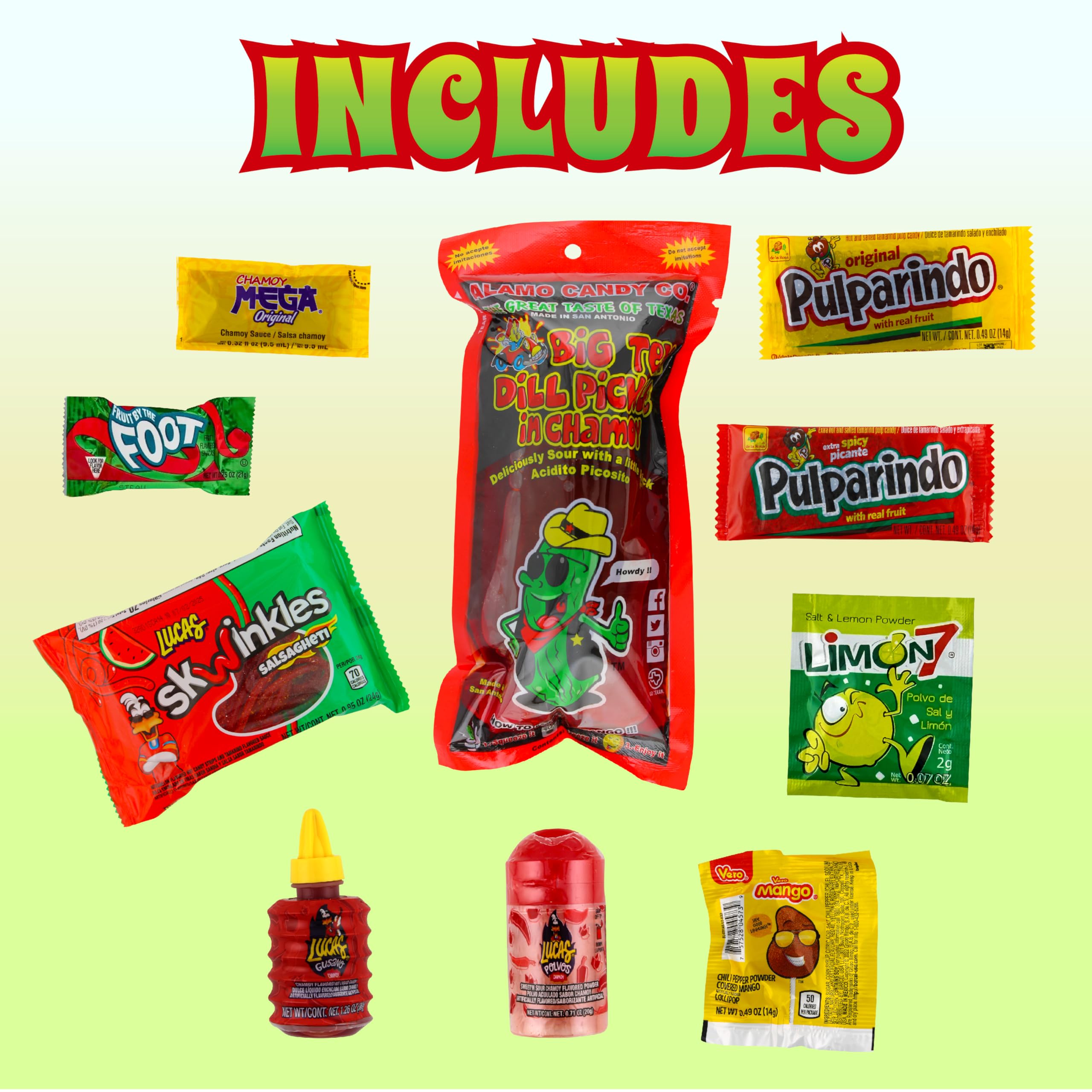 LookOn assorted Mexican candy packets lined up showing variety and authentic flavor
