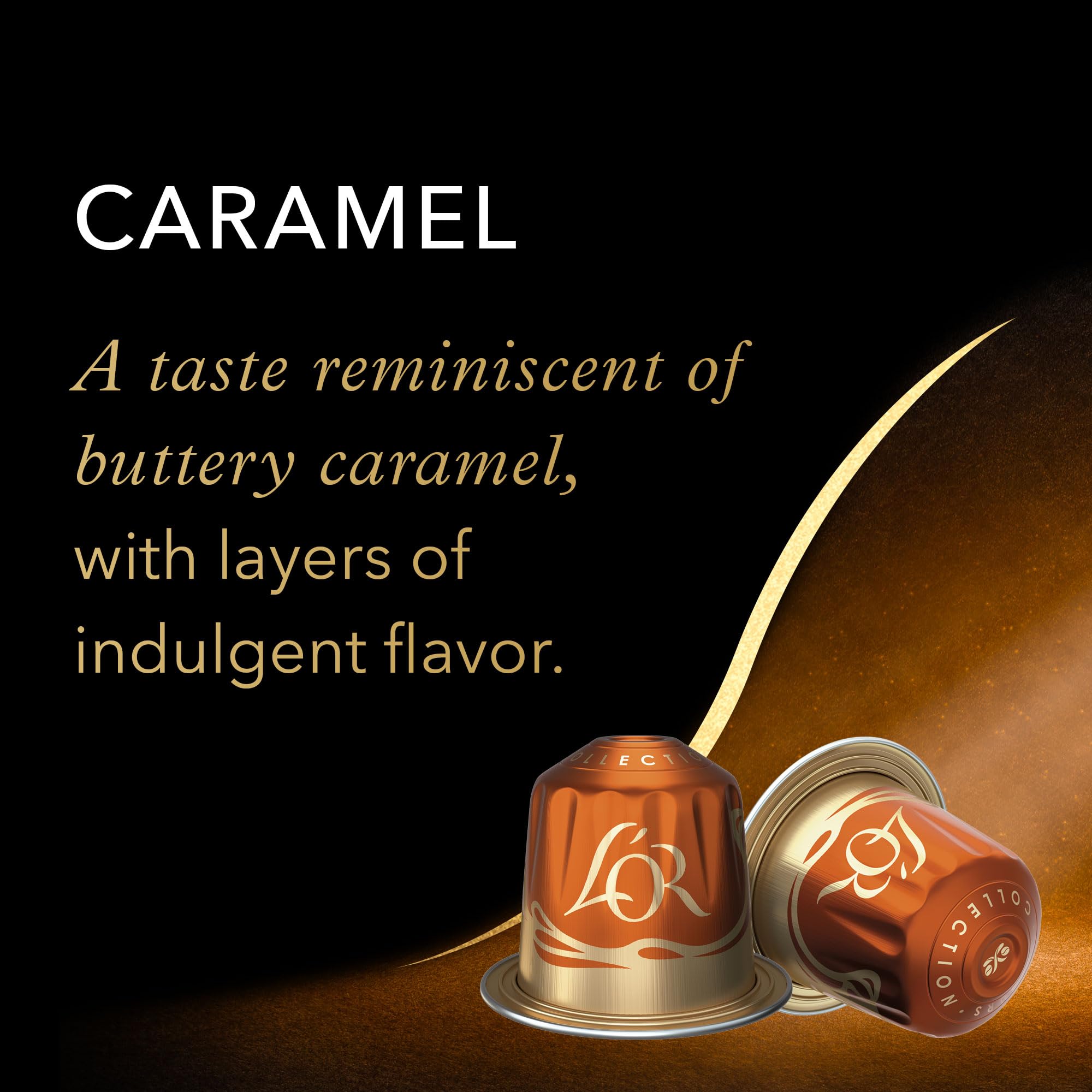 L'OR shot pouring caramel espresso with rich crema for visual appeal