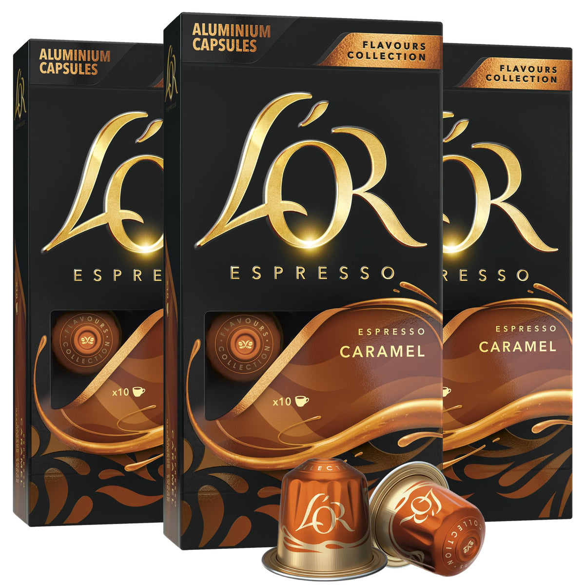 L'OR front packaging showing 30-count caramel capsules for quick choice