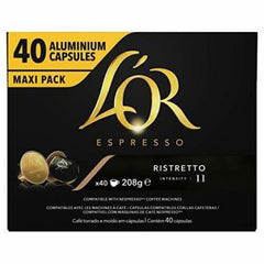 L'Or Espresso front packaging showing 40-count box and bold branding, ensuring freshness