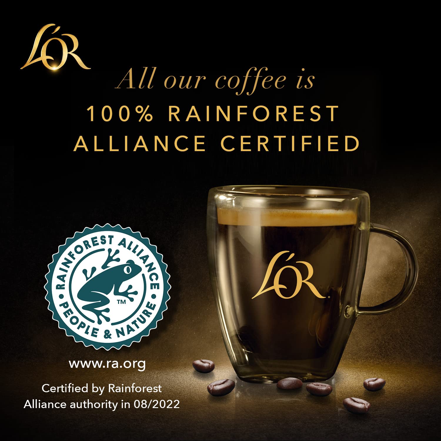 L'OR label and Common Grounds badge indicating responsible sourcing