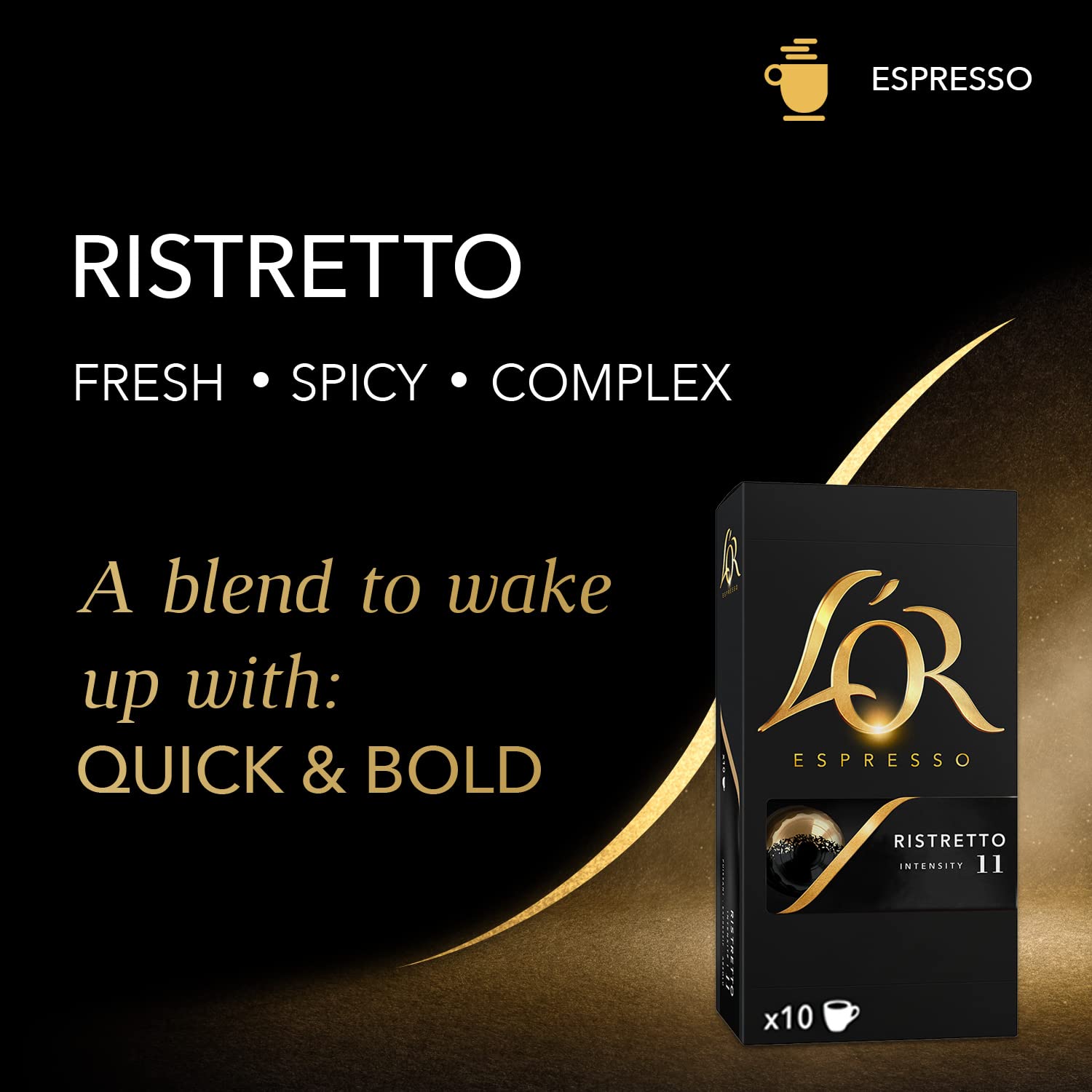 L'OR poured ristretto shot in espresso cup showing rich crema and intense aroma