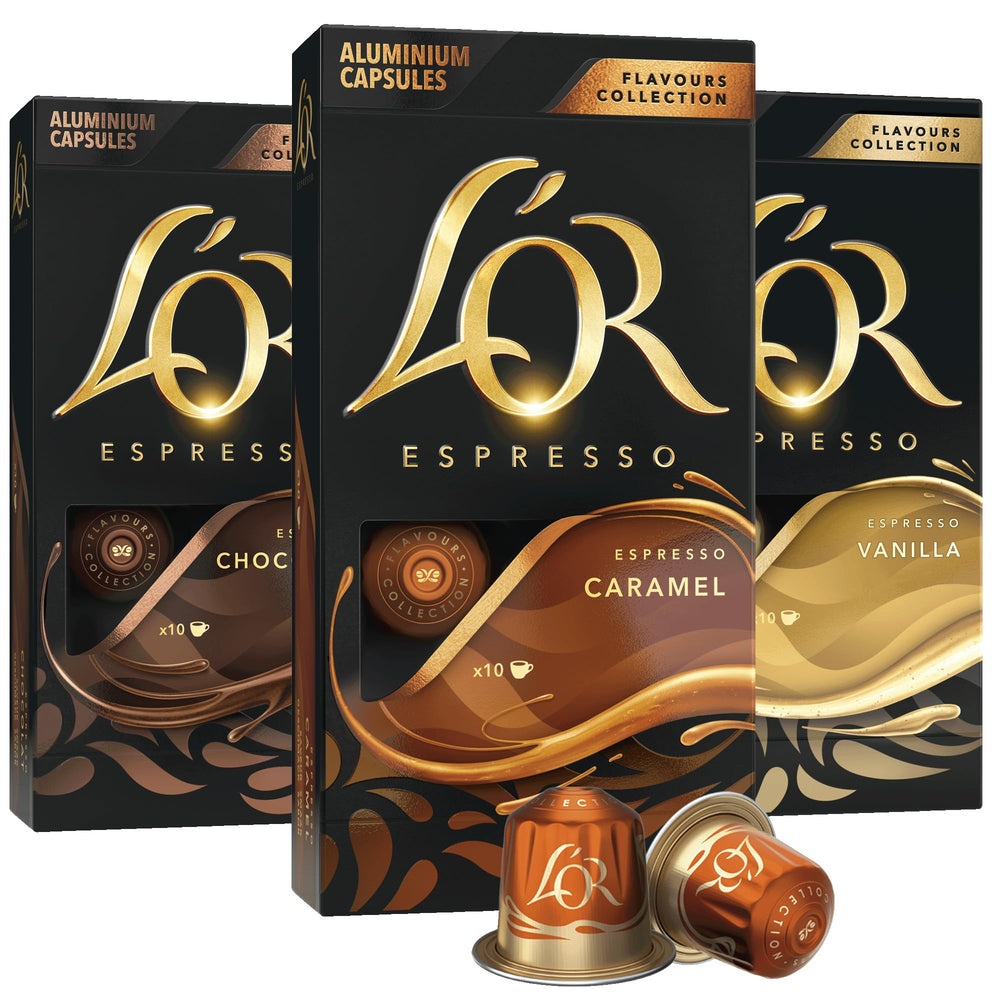 L'OR variety pack front box showing three flavor labels and benefits