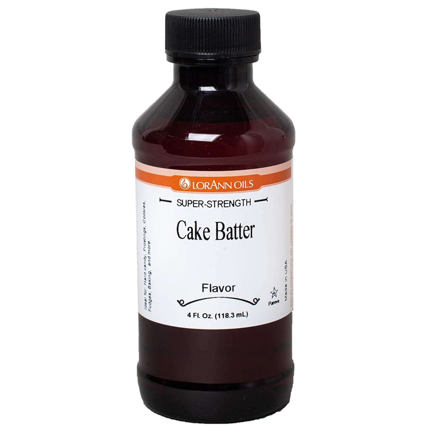 LorAnn Oils bottle front label showing cake batter flavor and size for clear identification and use