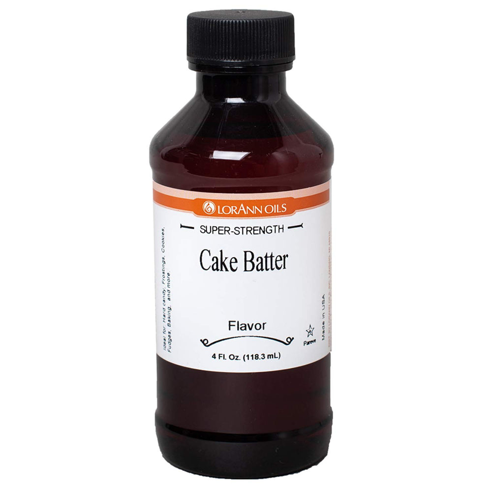 LorAnn Oils bottle front label showing cake batter flavor and size for clear identification and use