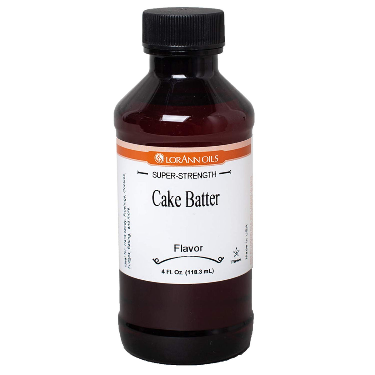 LorAnn Oils bottle front label showing cake batter flavor and size for clear identification and use