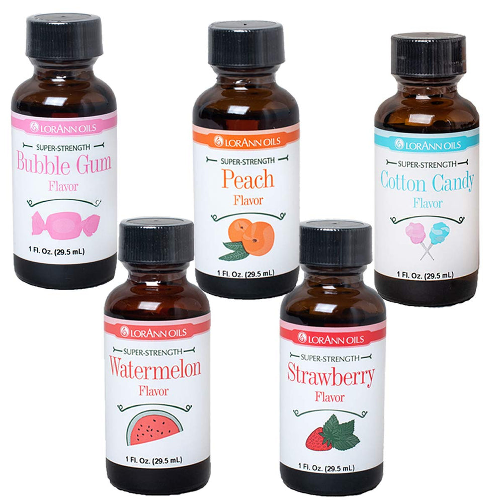 LorAnn front shot of five 1 ounce bottles showing variety and convenient size benefits
