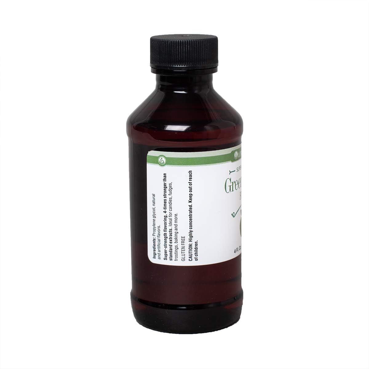 Close-up of LorAnn Green Apple SS Flavor bottle neck and cap highlighting quality seal and dosage control