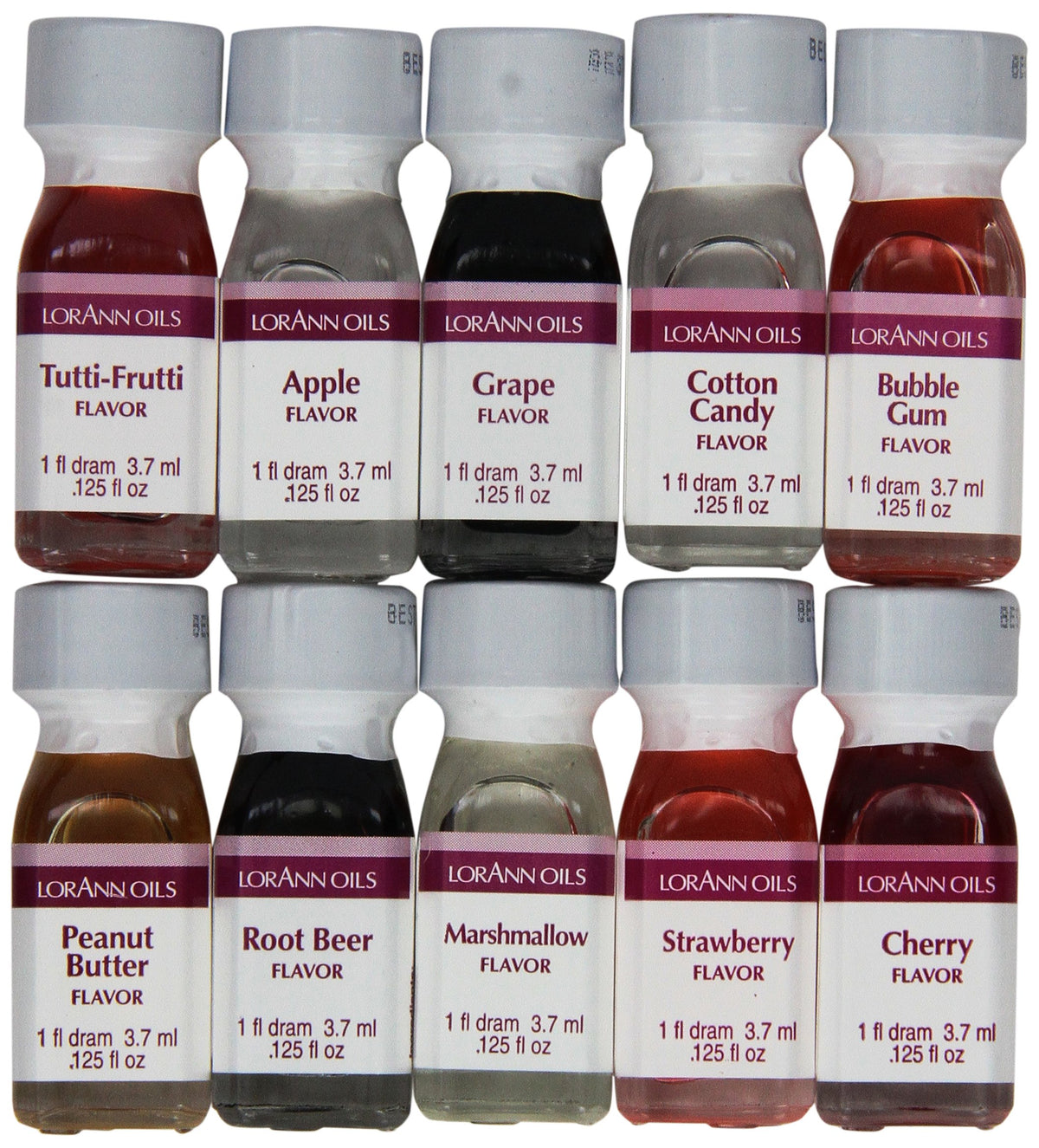 LorAnn Oils 1 Dram pack front view showing ten bottles and clear labeling for easy selection and bold flavors