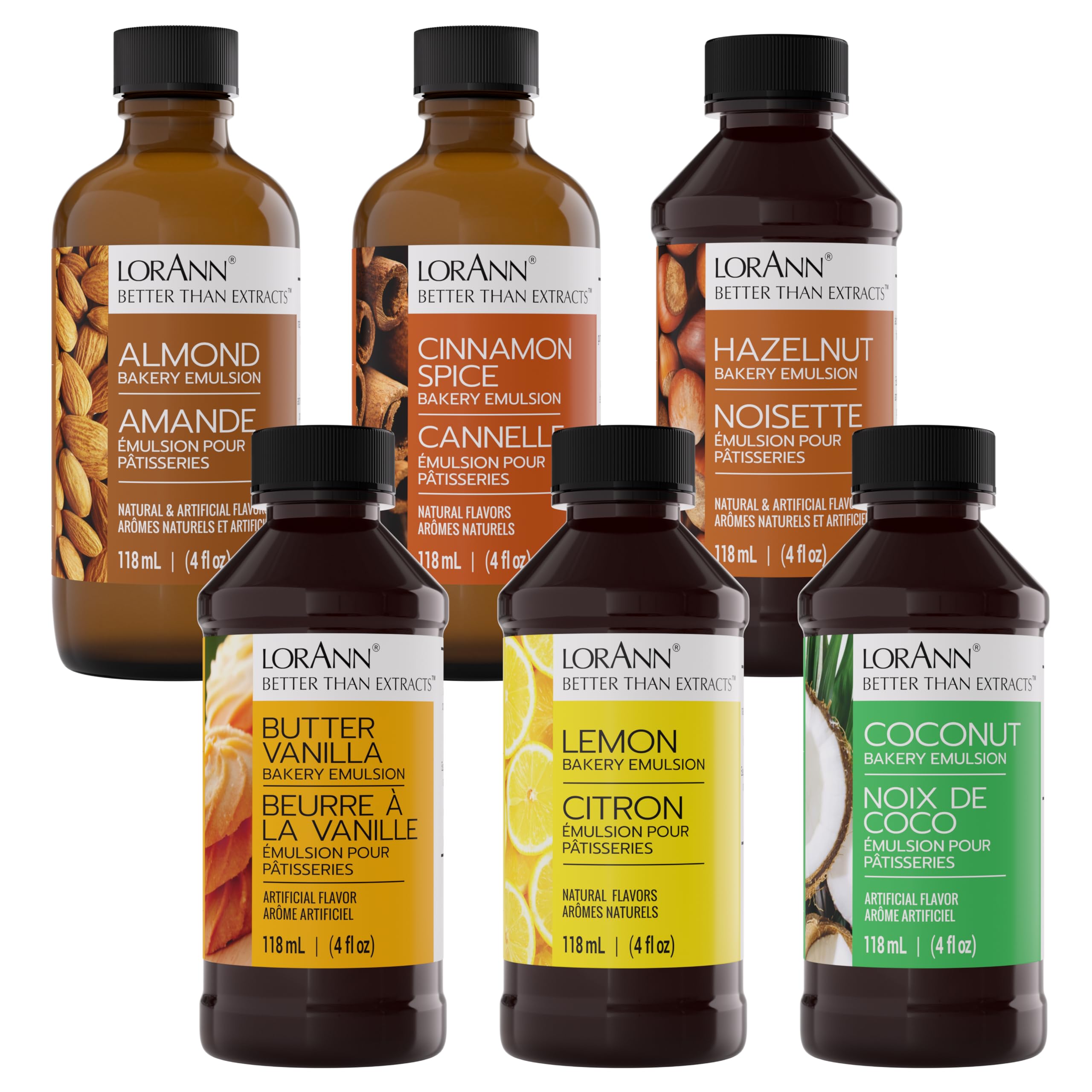 LorAnn Oils variety pack front view showing six 4 oz bottles, clear labeling and flavors