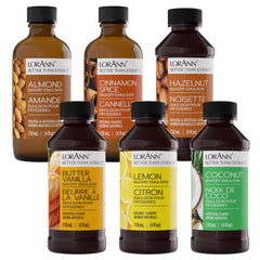 LorAnn Oils variety pack front view showing six 4 oz bottles, clear labeling and flavors