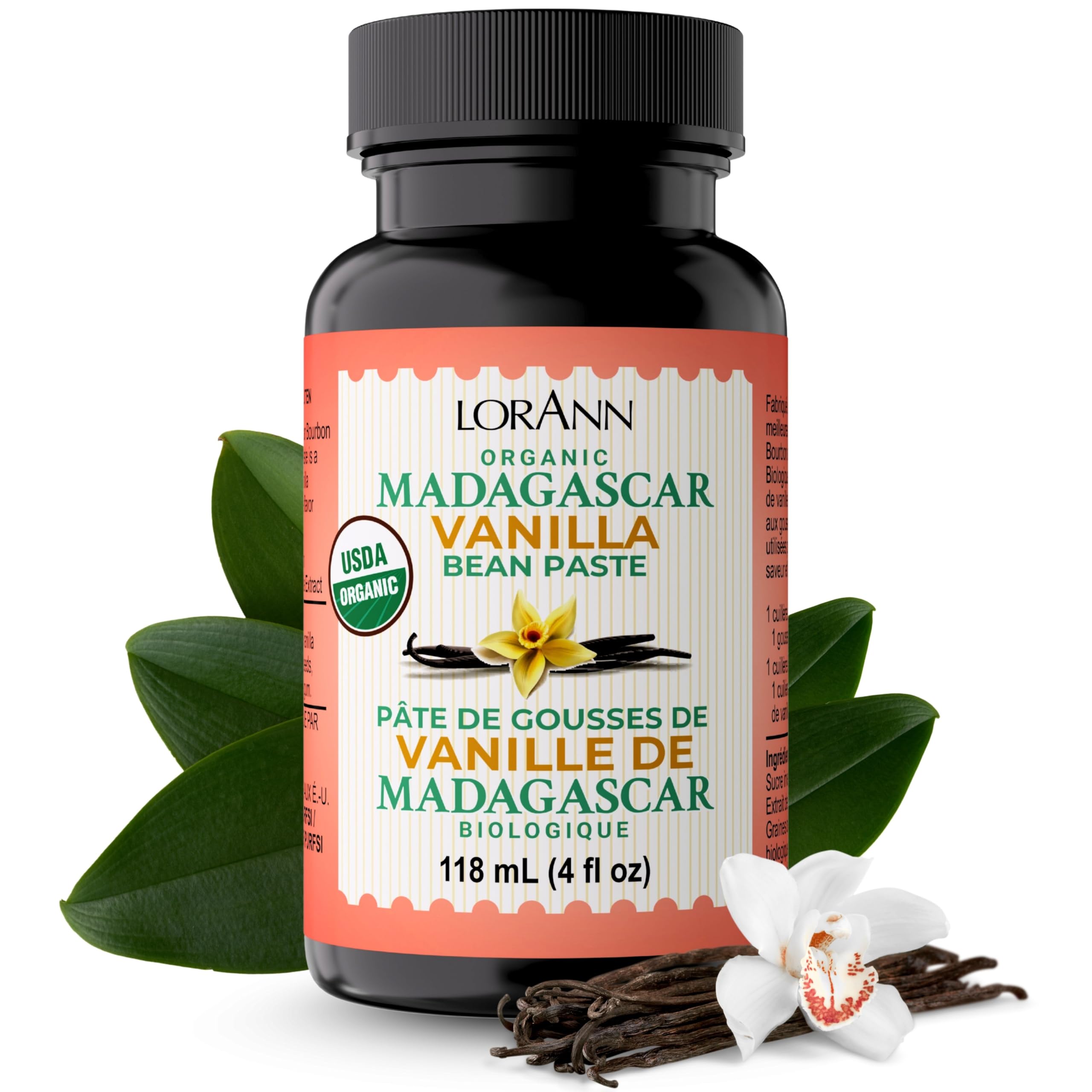 LorAnn Organic Madagascar Vanilla Bean Paste front label showing jar and brand benefits