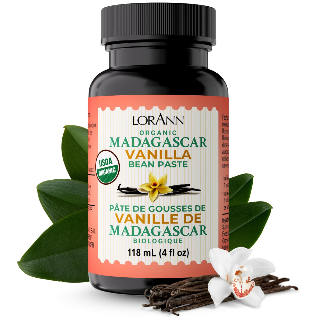 LorAnn Organic Madagascar Vanilla Bean Paste front label showing jar and brand benefits