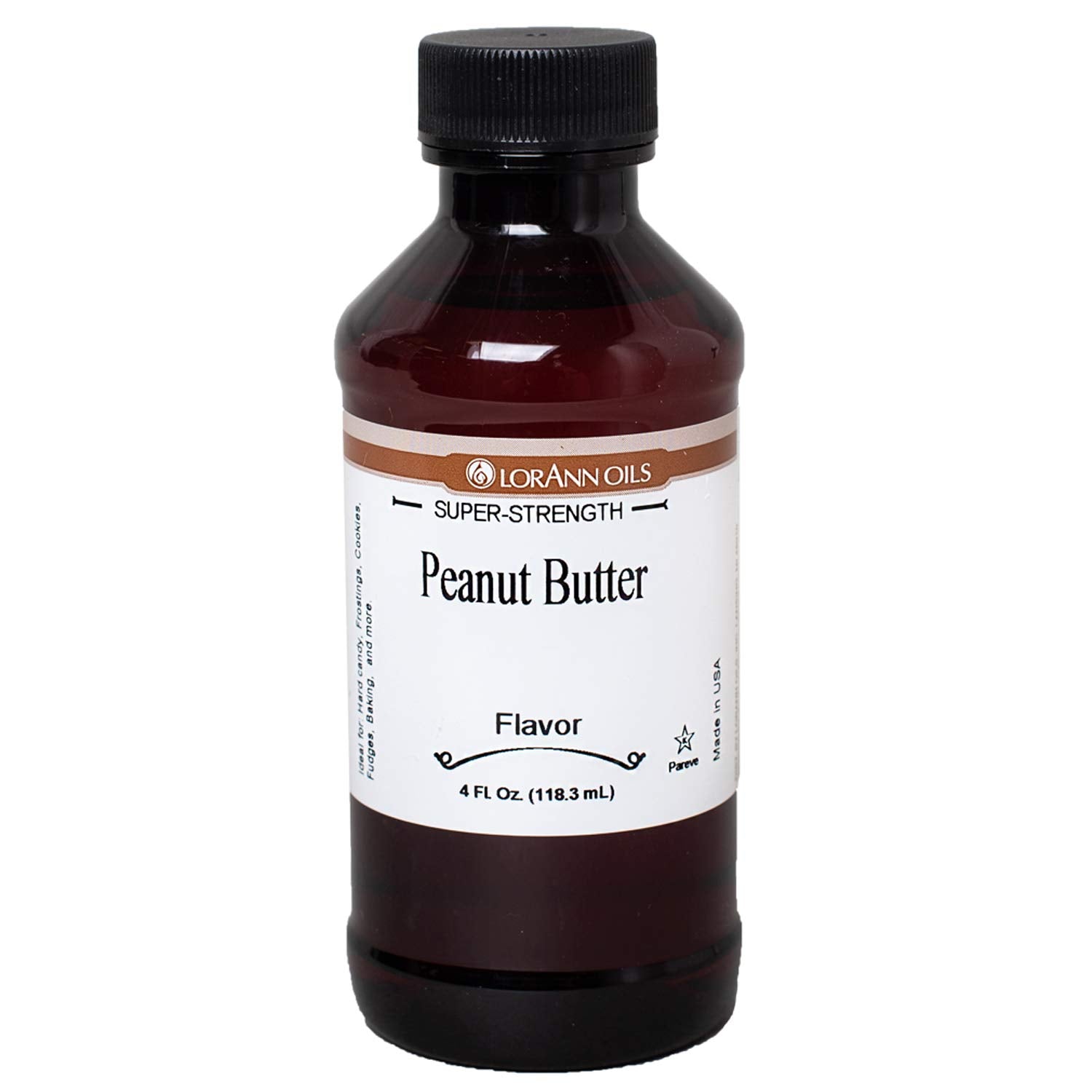 LorAnn Oils bottle front label showing peanut butter flavor and size benefit
