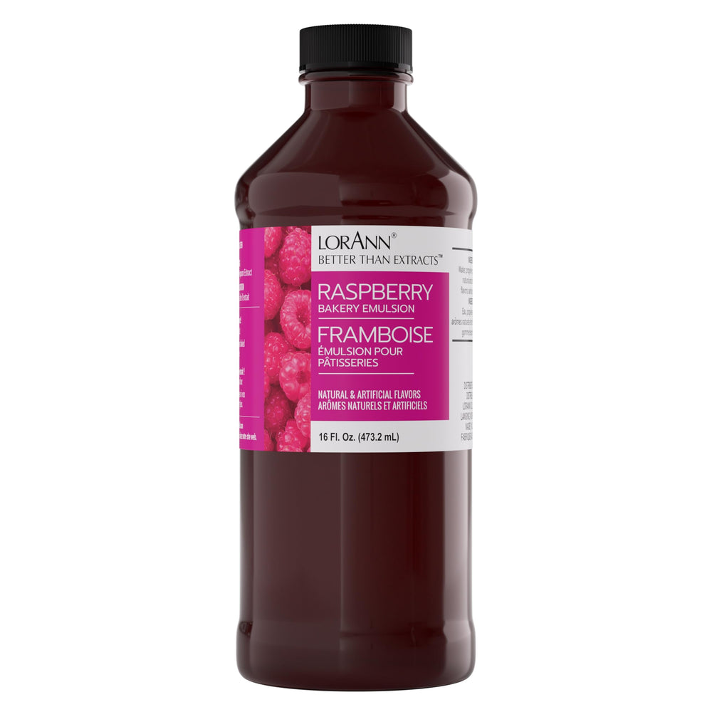 LorAnn Oils bottle front view showing raspberry emulsion and clear labeling for intense flavor