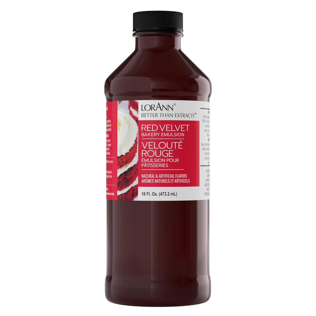 LorAnn Oils bottle front view showing red velvet emulsion and clear labeling for accurate use