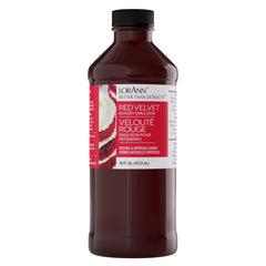 LorAnn Oils bottle front view showing red velvet emulsion and clear labeling for accurate use