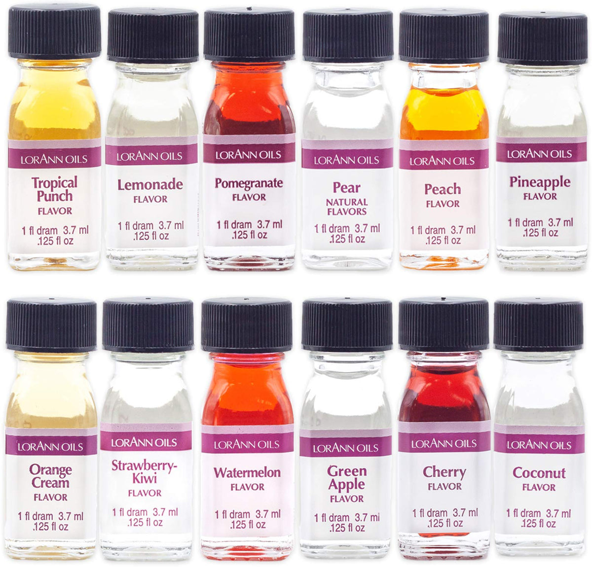 LorAnn Oils front packaging of 12 super-strength fruit flavors, compact sample kit benefit