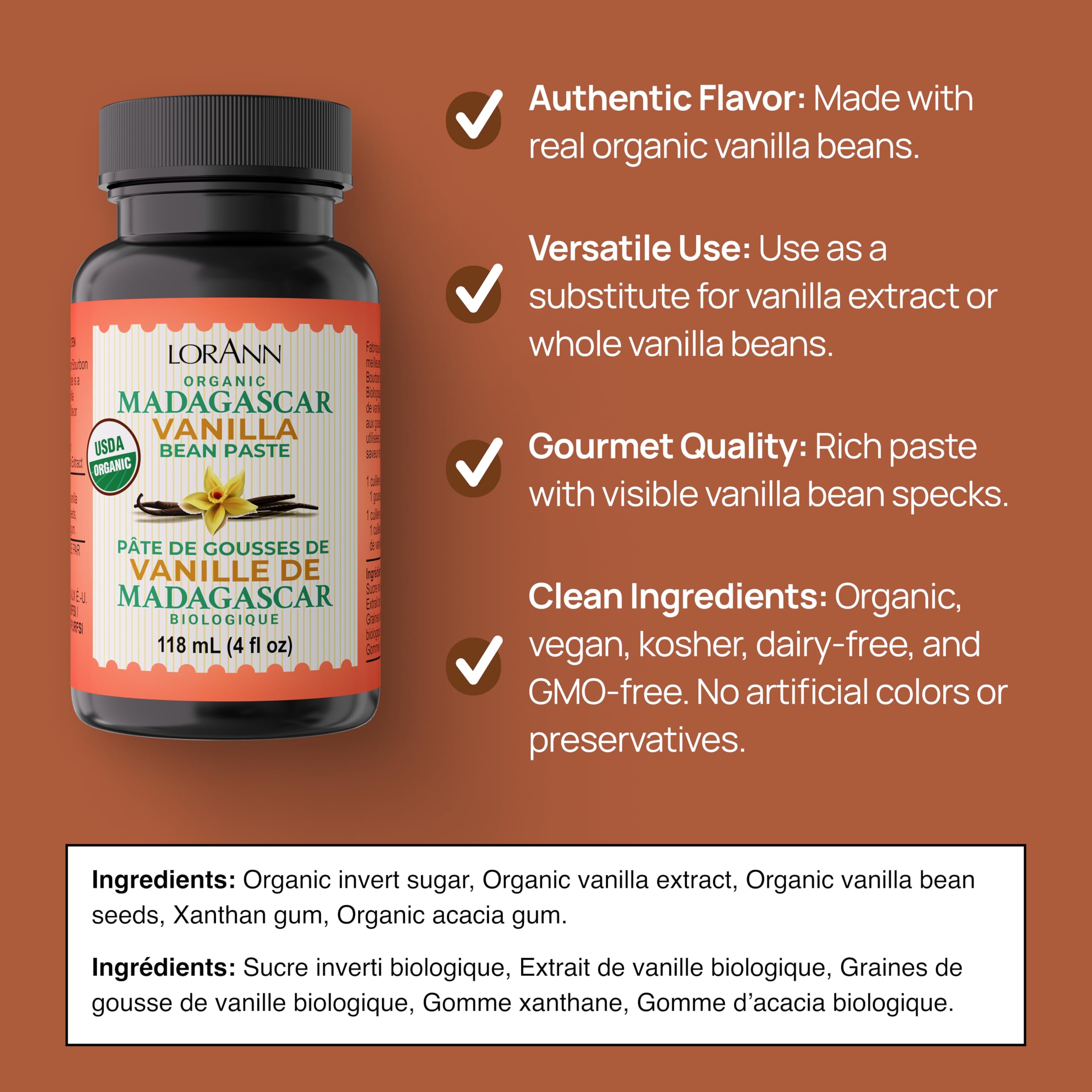 Ingredient label of LorAnn paste showing organic claims and product details