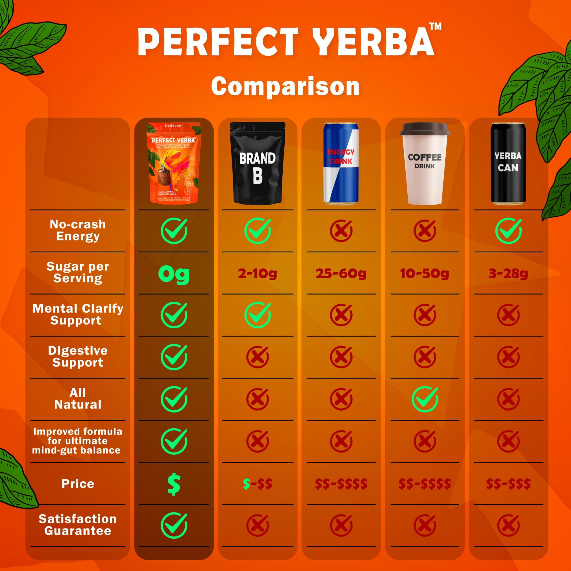 Loridena ingredient display with yerba mate and Lion’s Mane conveying focused support
