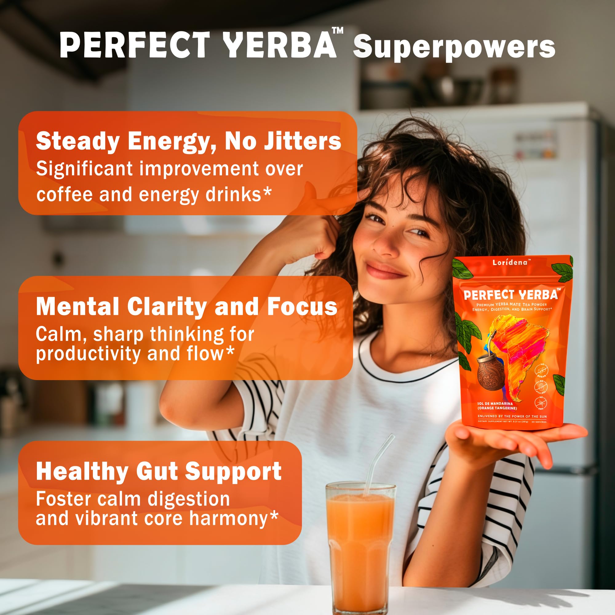 Loridena prepared orange tangerine yerba mate in a glass offering refreshing energy