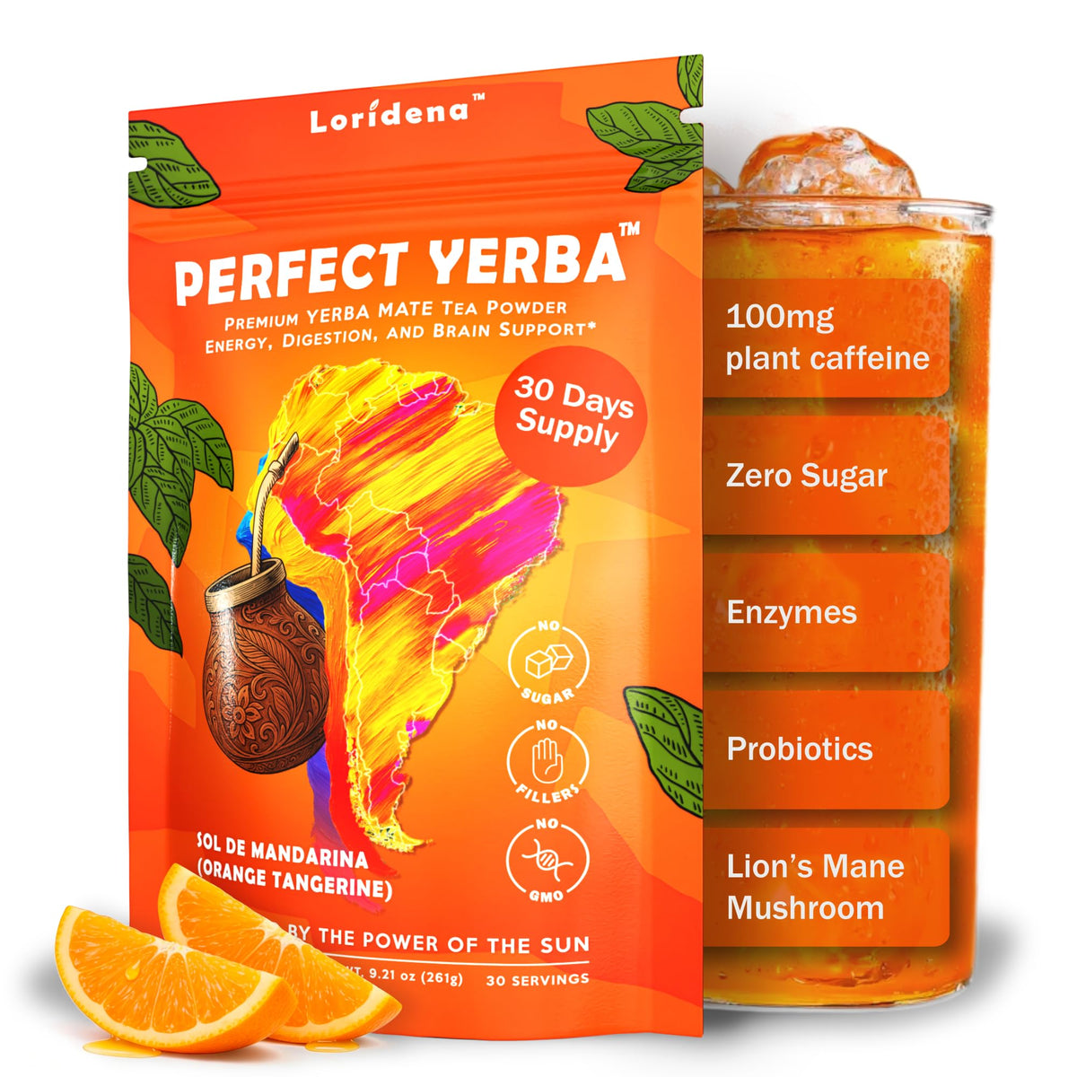 Loridena front packaging showing orange tangerine flavor and instant benefits
