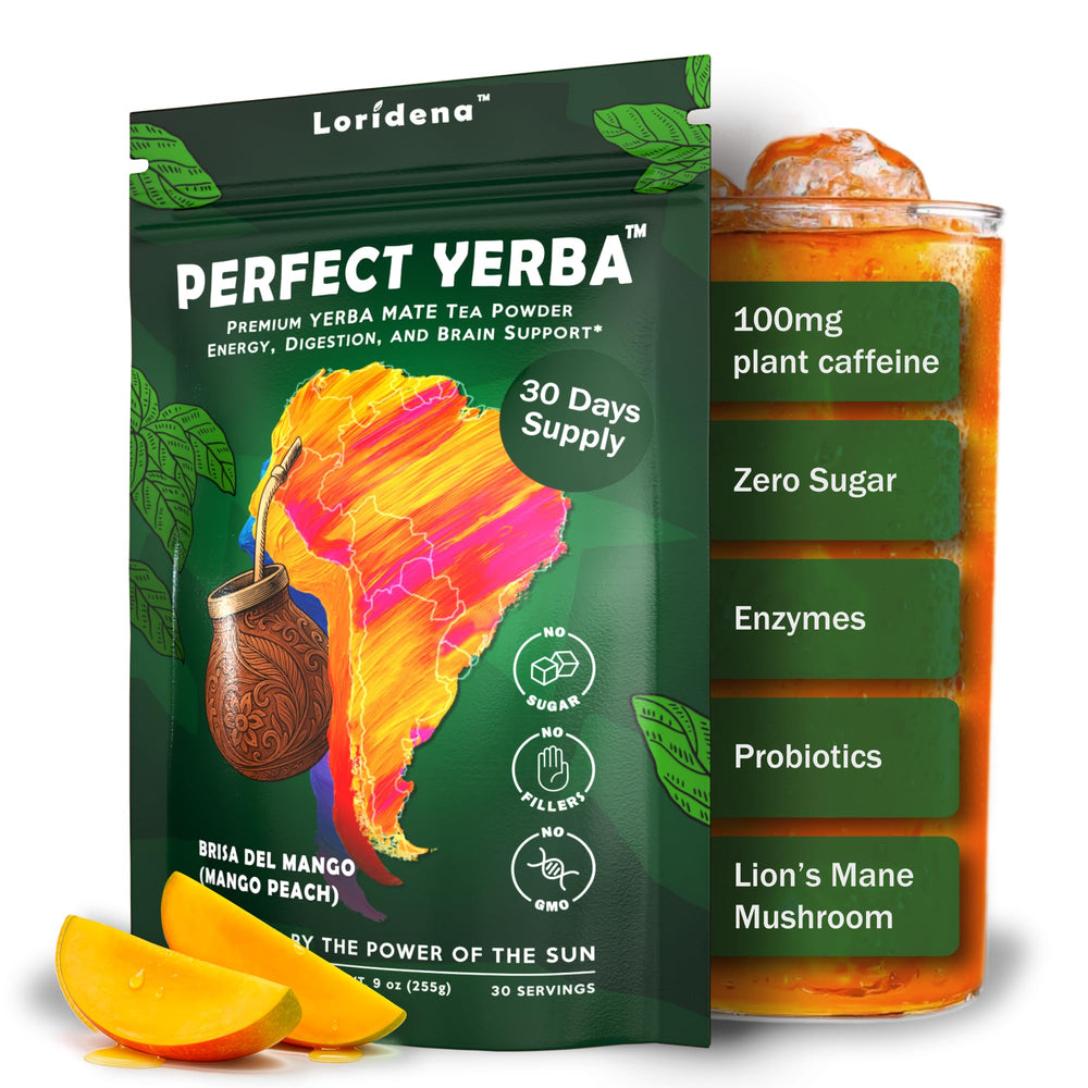 Loridena front packaging showing product name and mango-peach flavor, clear benefit