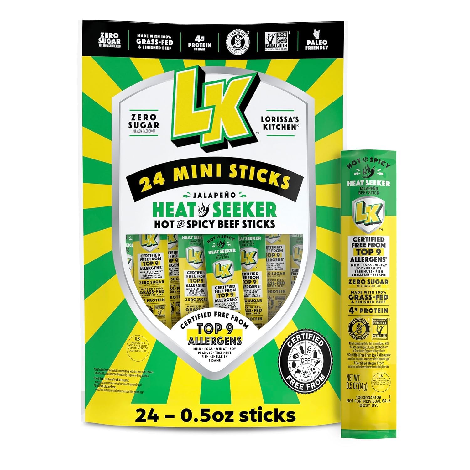 Lorissa's Kitchen front packaging showing 24-count spicy beef sticks and convenience