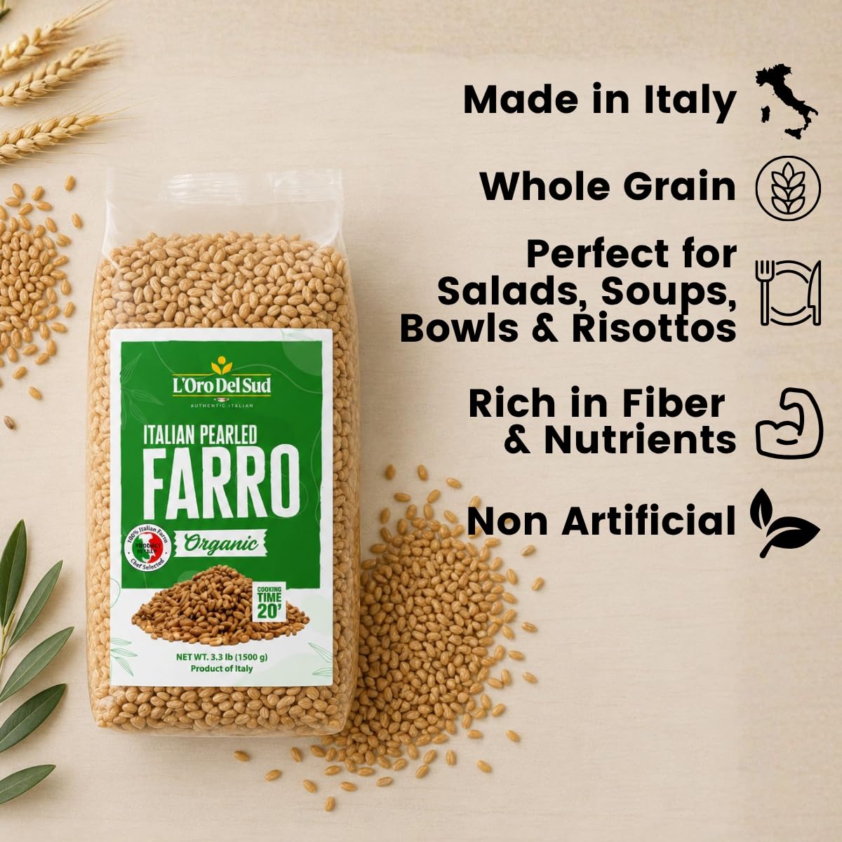 L'Oro Del Sud cooked farro bowl with vegetables shows hearty meal-ready grain