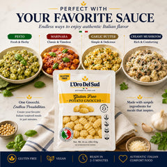 L'Oro Del Sud cooked gnocchi tossed in tomato sauce for quick dinners