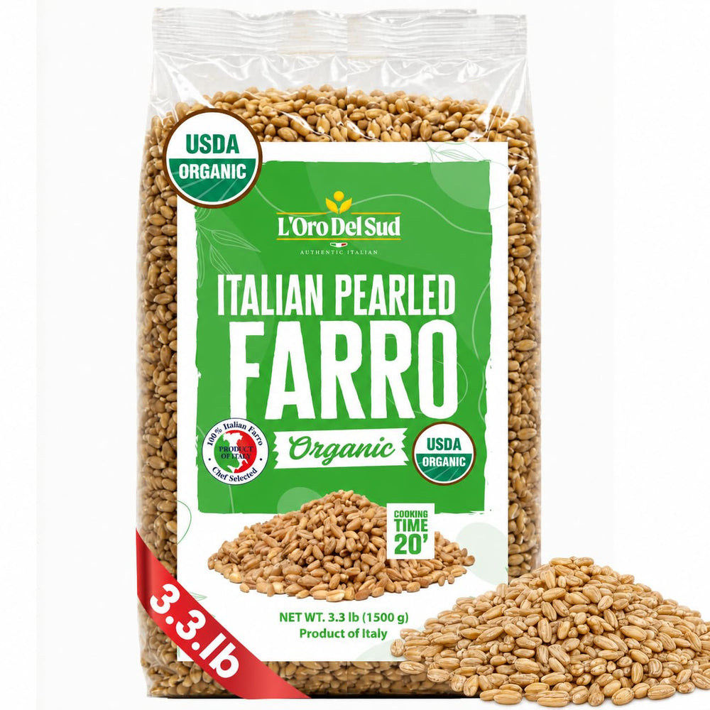 L'Oro Del Sud front pack shows organic 3.3 lb bag and clear branding benefit convenience