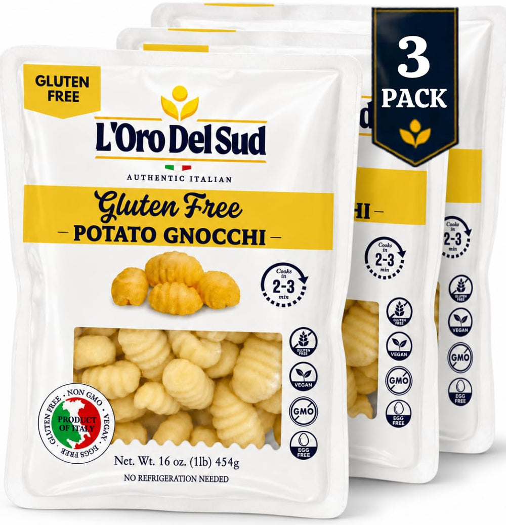 L'Oro Del Sud front packaging showing gluten free potato gnocchi and convenience