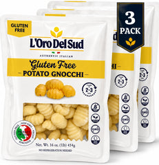 L'Oro Del Sud front packaging showing gluten free potato gnocchi and convenience