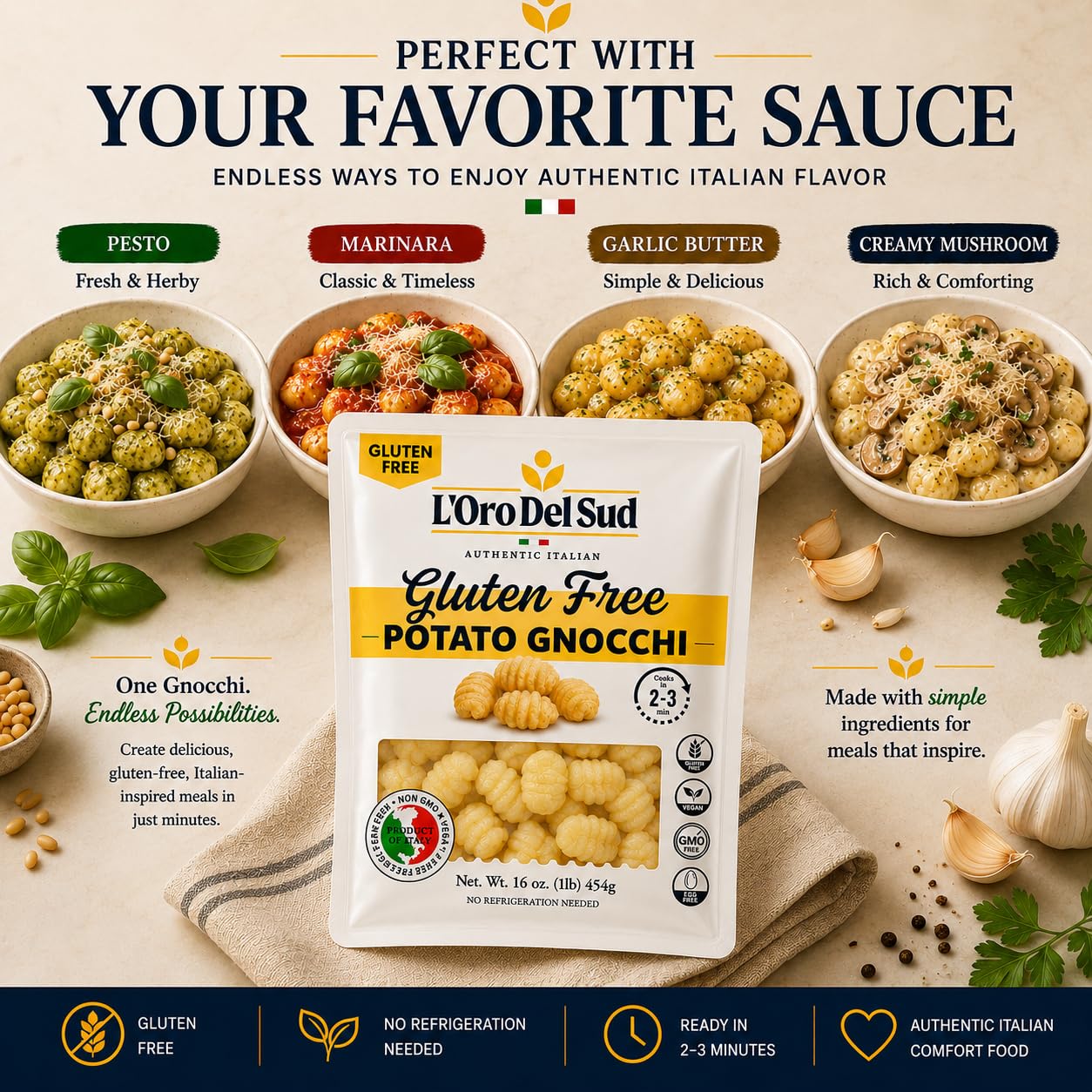 L'Oro Del Sud gnocchi served with marinara demonstrating versatile pairing