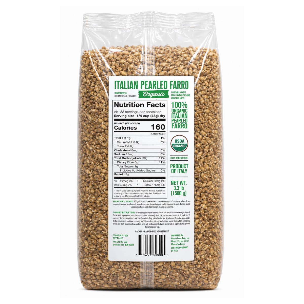 L'Oro Del Sud close-up of pearled farro grains highlights texture and quick cooking