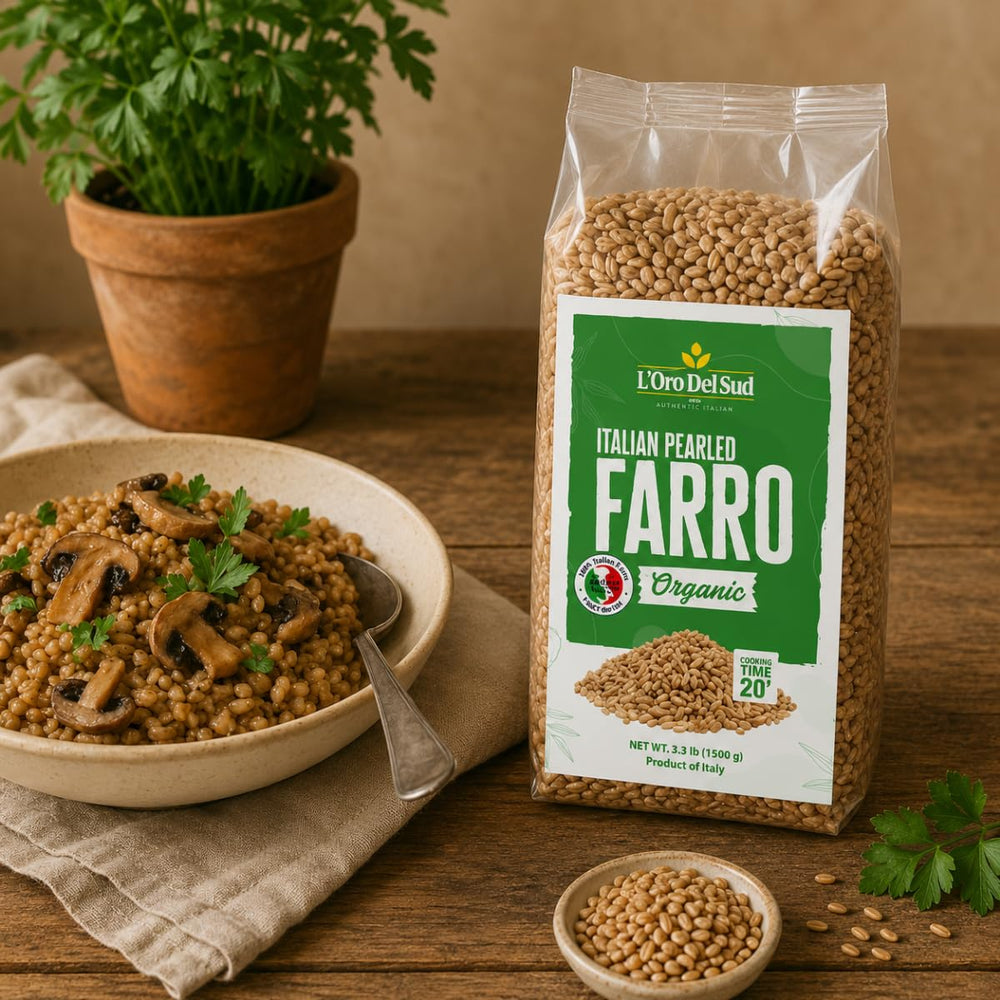 L'Oro Del Sud label detail on bag emphasizes USDA Organic and non-GMO quality