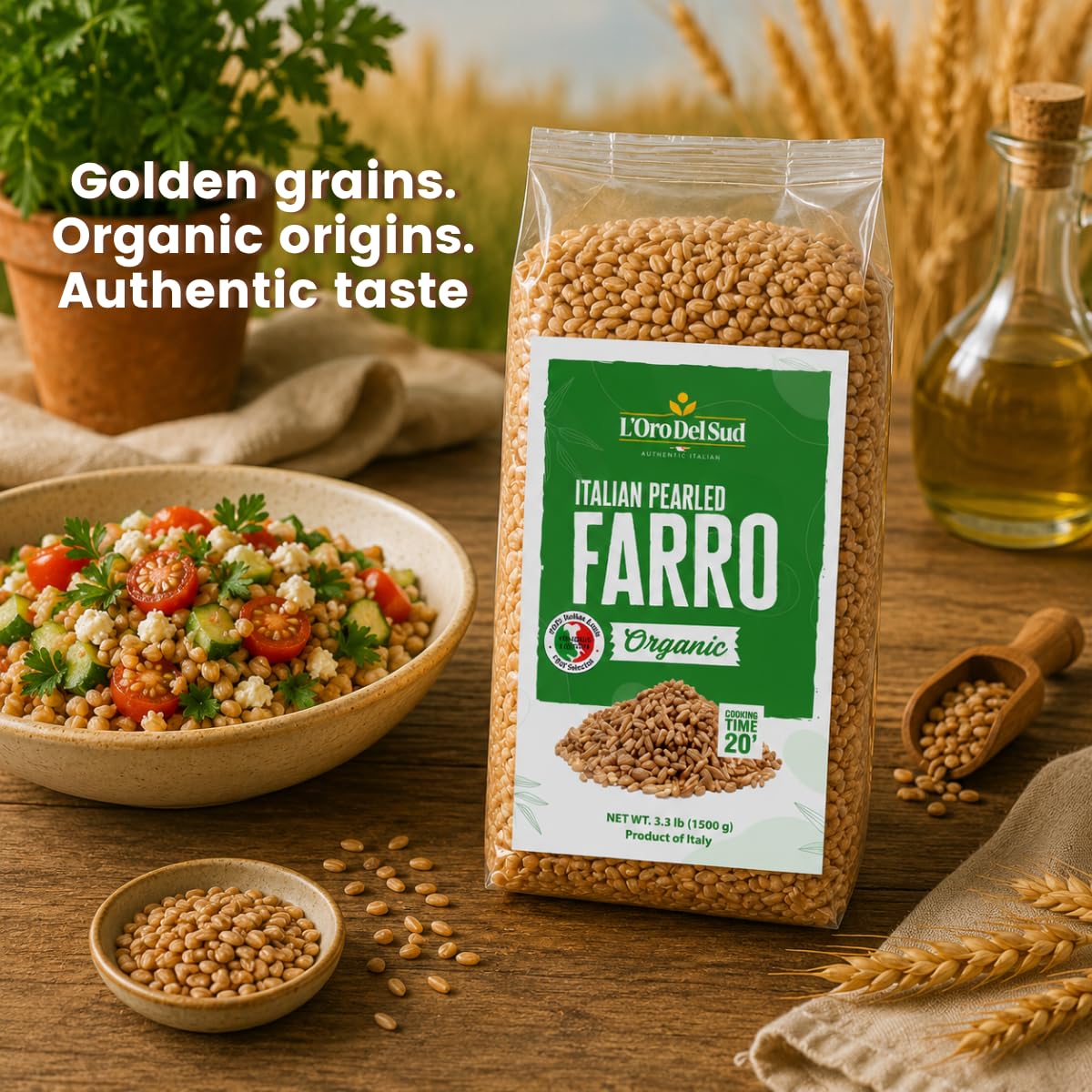 L'Oro Del Sud measuring cup with farro displays portion size and meal prep ease
