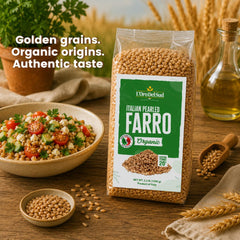 L'Oro Del Sud measuring cup with farro displays portion size and meal prep ease