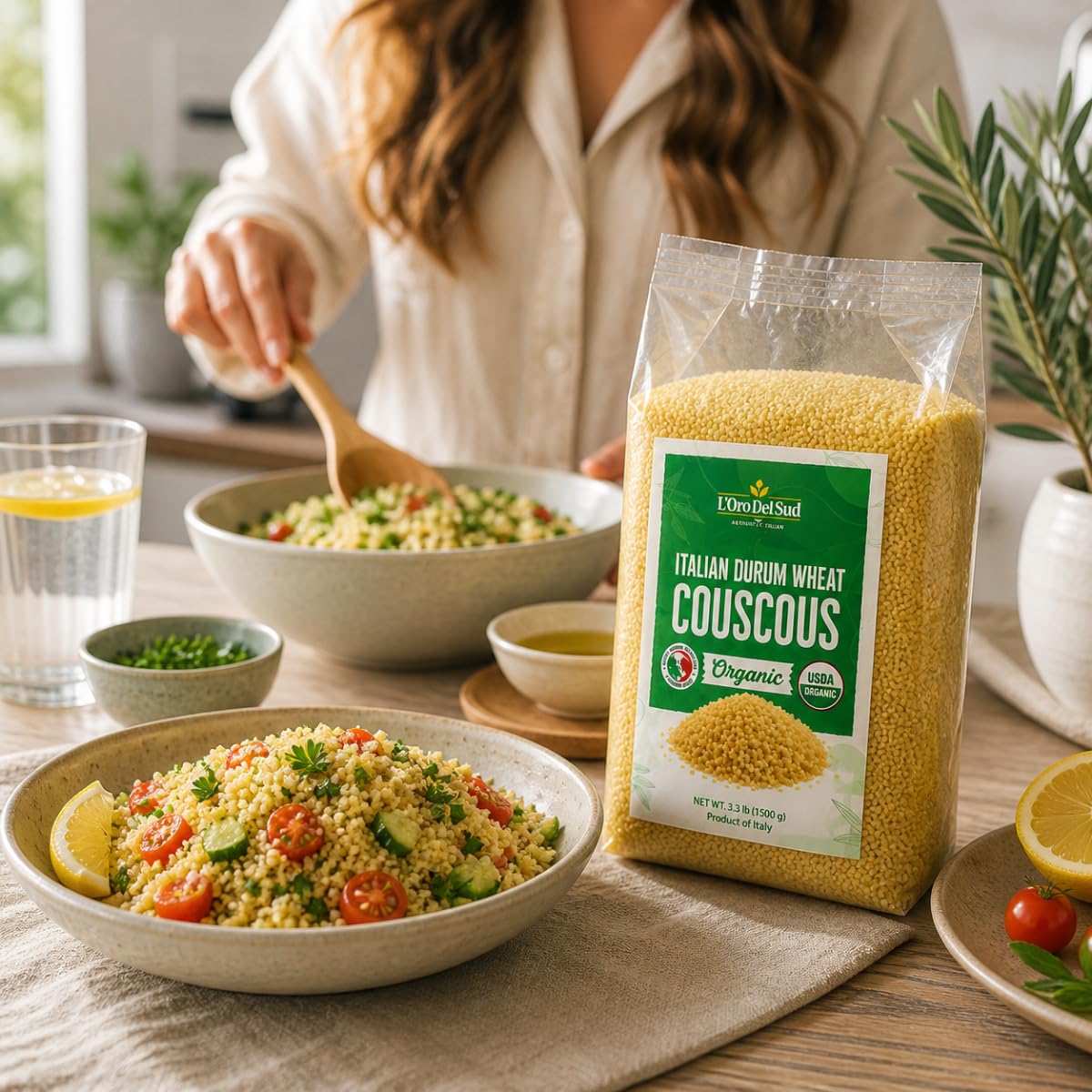 L'Oro Del Sud package beside measuring cup showing 1.5 kg bulk size