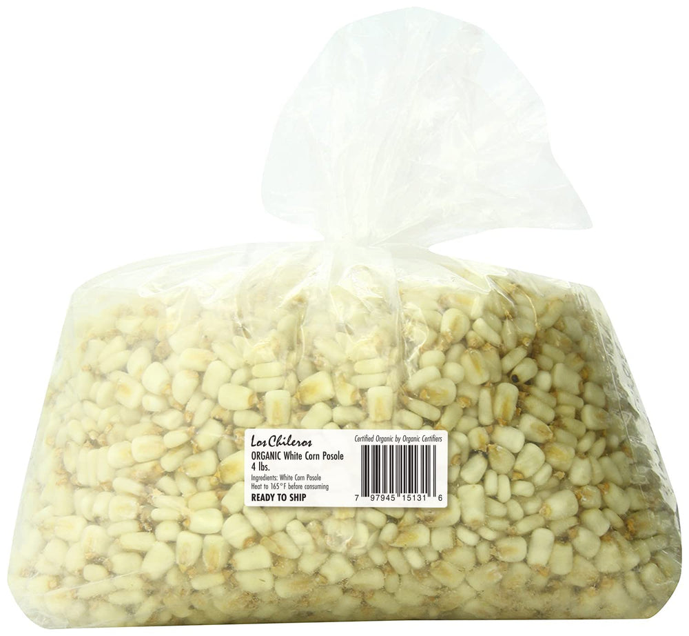 Los Chileros 4 lb bag front view showing organic white corn posole, convenient bulk supply