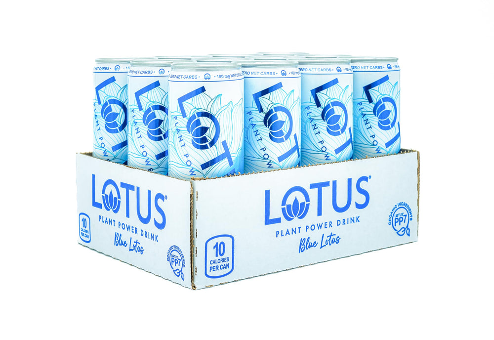 Lotus Plant Power Blue Lotus cans in outdoor setting suggesting natural, plant-based refreshment benefit
