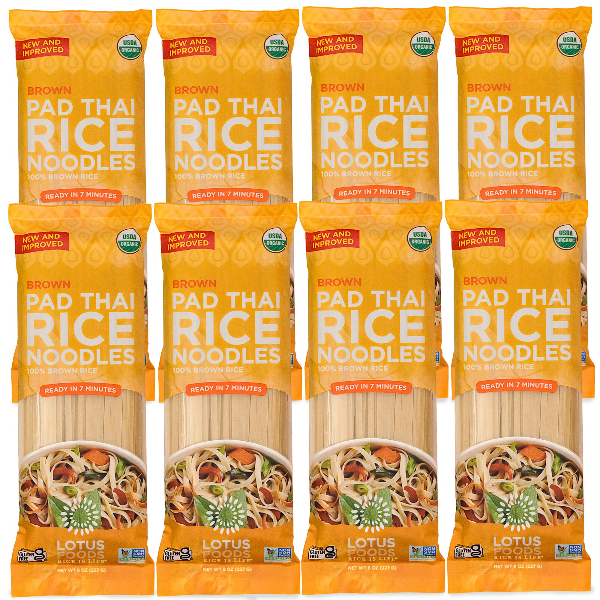 Lotus Foods front packaging showing product and pack of eight for pantry convenience