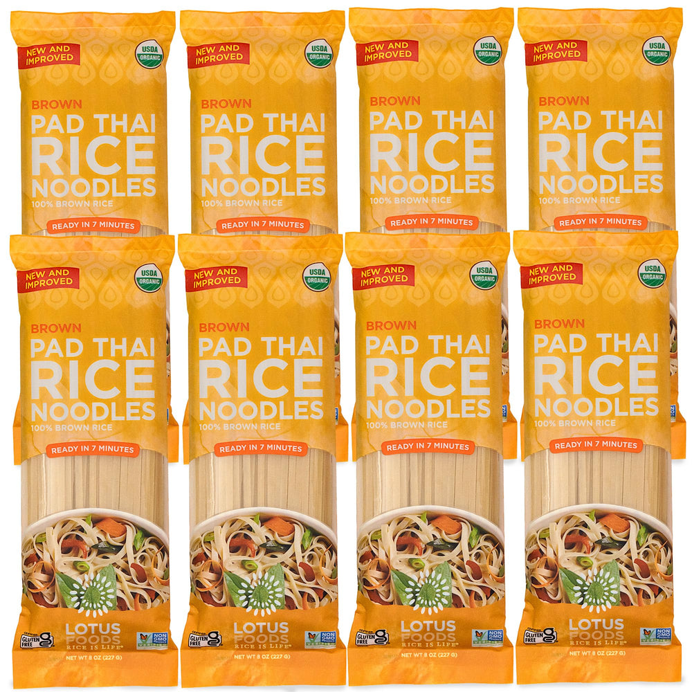 Lotus Foods front packaging showing product and pack of eight for pantry convenience