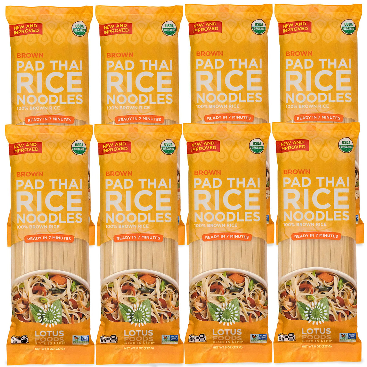 Lotus Foods front packaging showing product and pack of eight for pantry convenience
