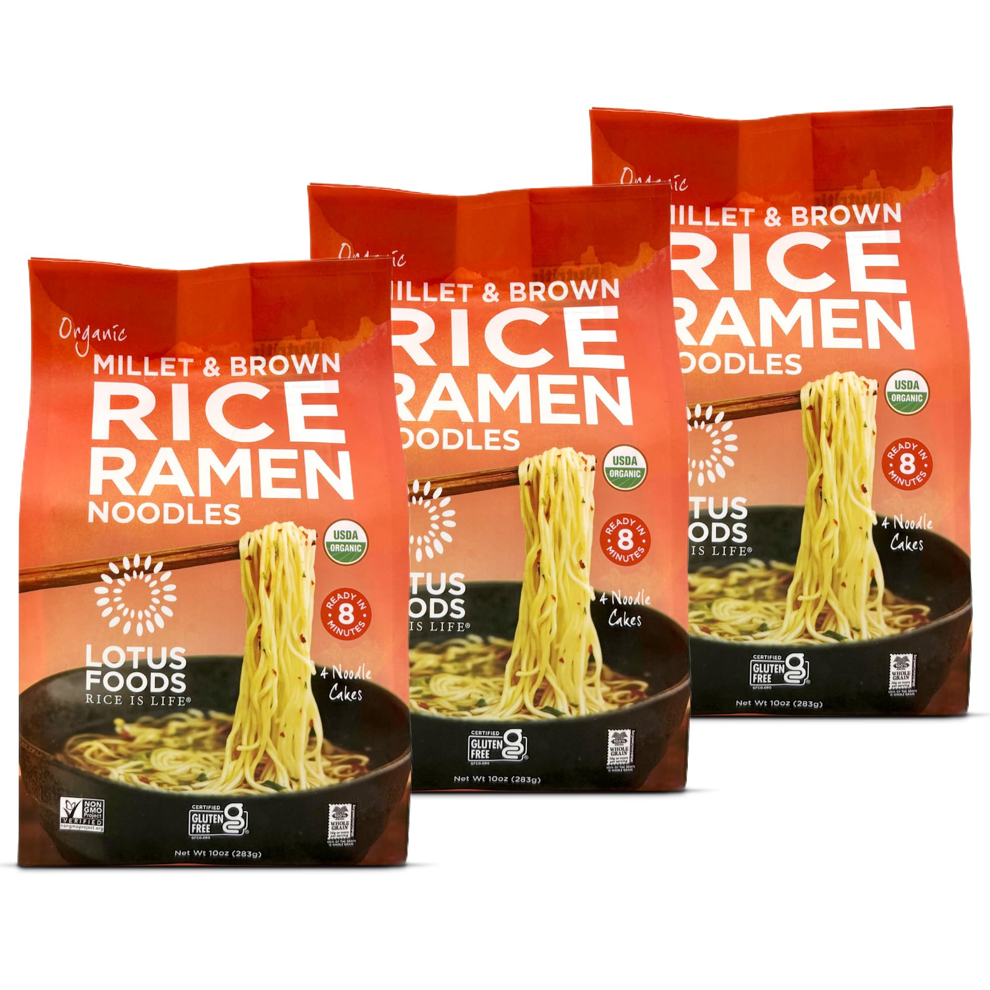 Lotus Foods front packaging showing organic millet and brown rice ramen benefits